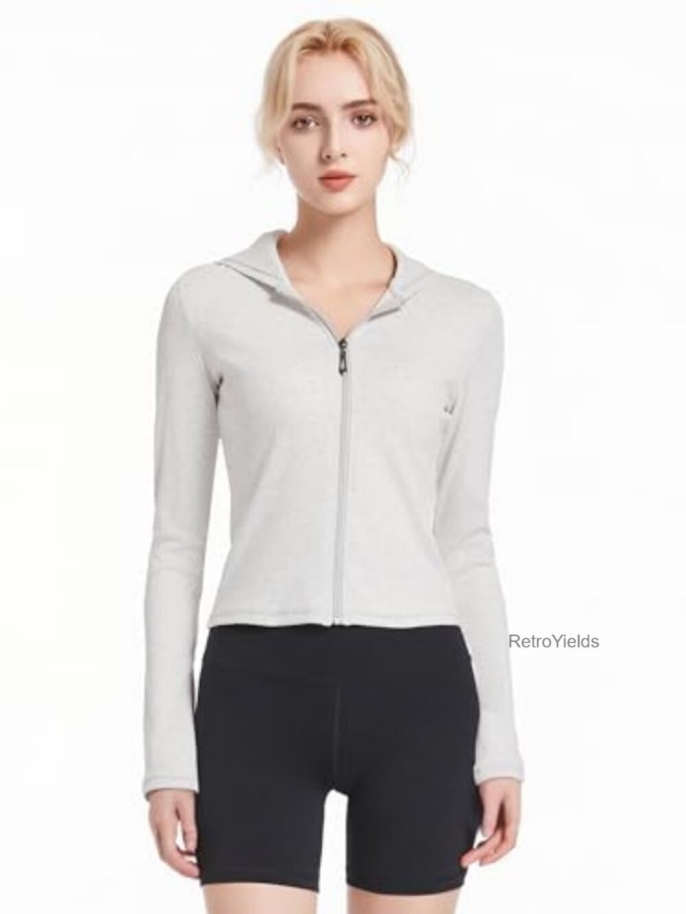 Ribbed Cropped Zip Hoodie Women Lightweight Cotton Fitted Long Sleeve